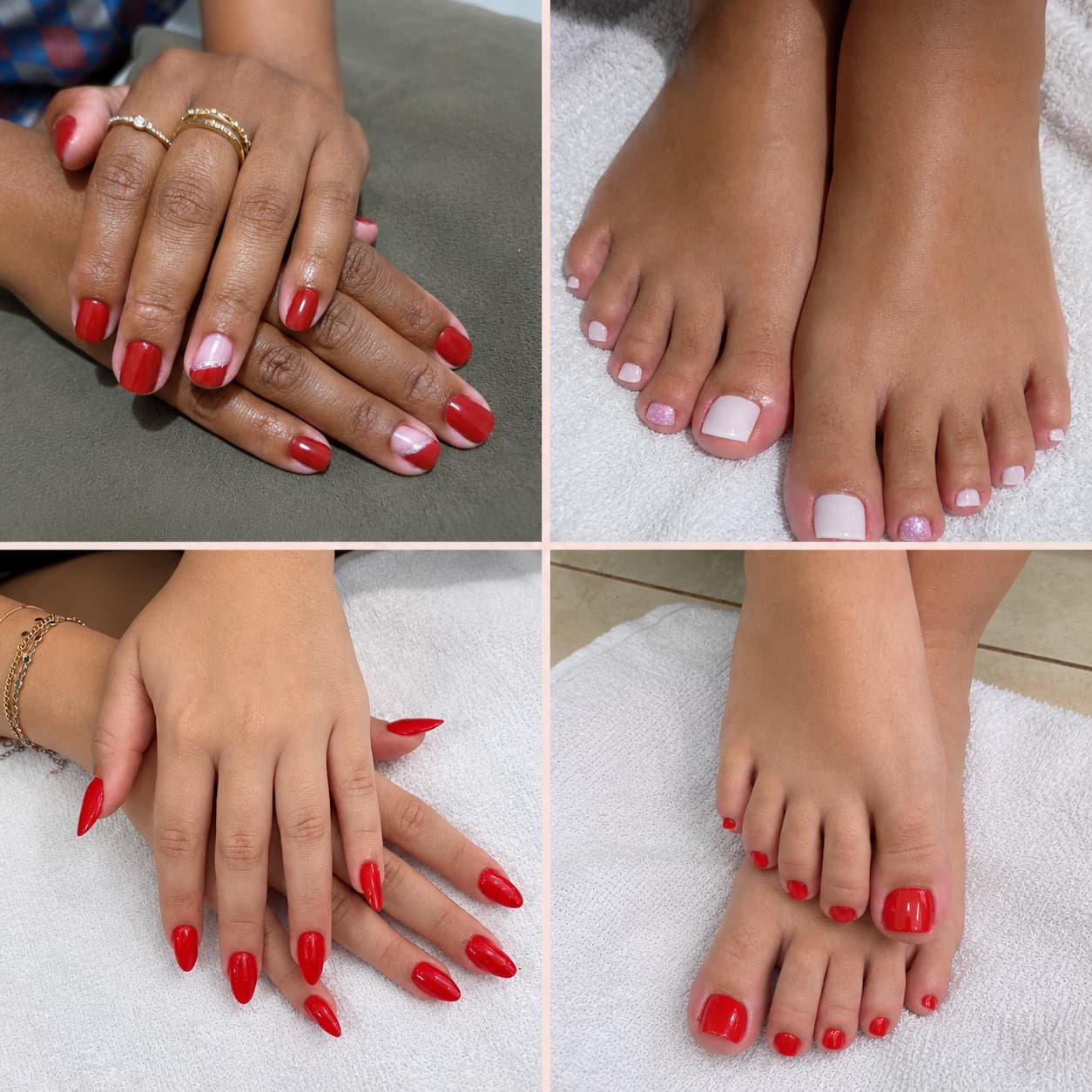 Trabalhos de manicure e pedicure em tons de vermelho e rosa